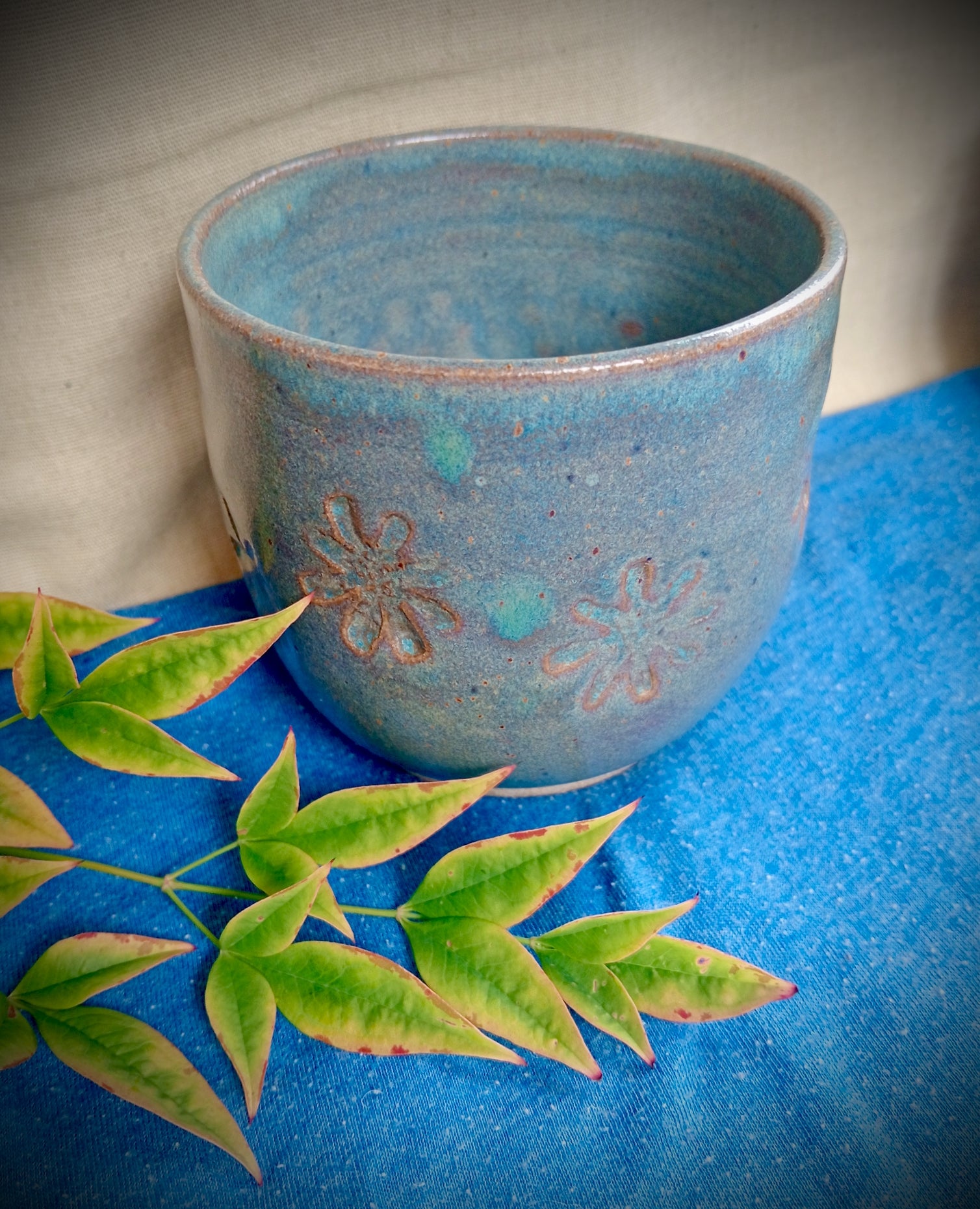 Blue Ceramic Tumbler with Flower Motif