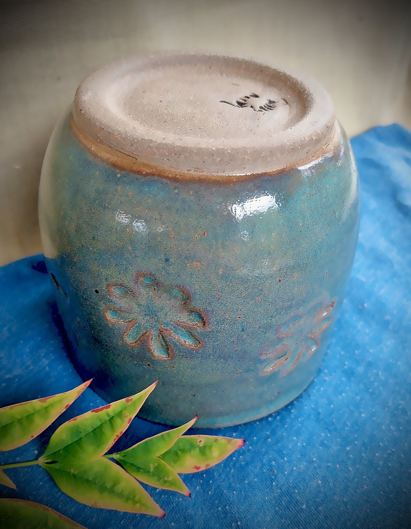 Blue Ceramic Tumbler with Flower Motif