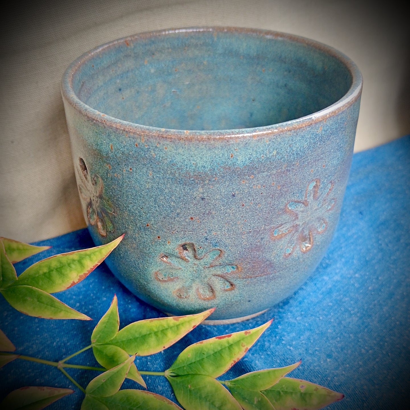 Blue Ceramic Tumbler with Flower Motif
