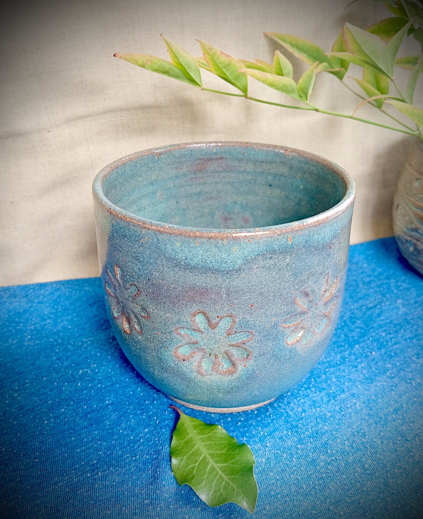 Blue Ceramic Tumbler with Flower Motif