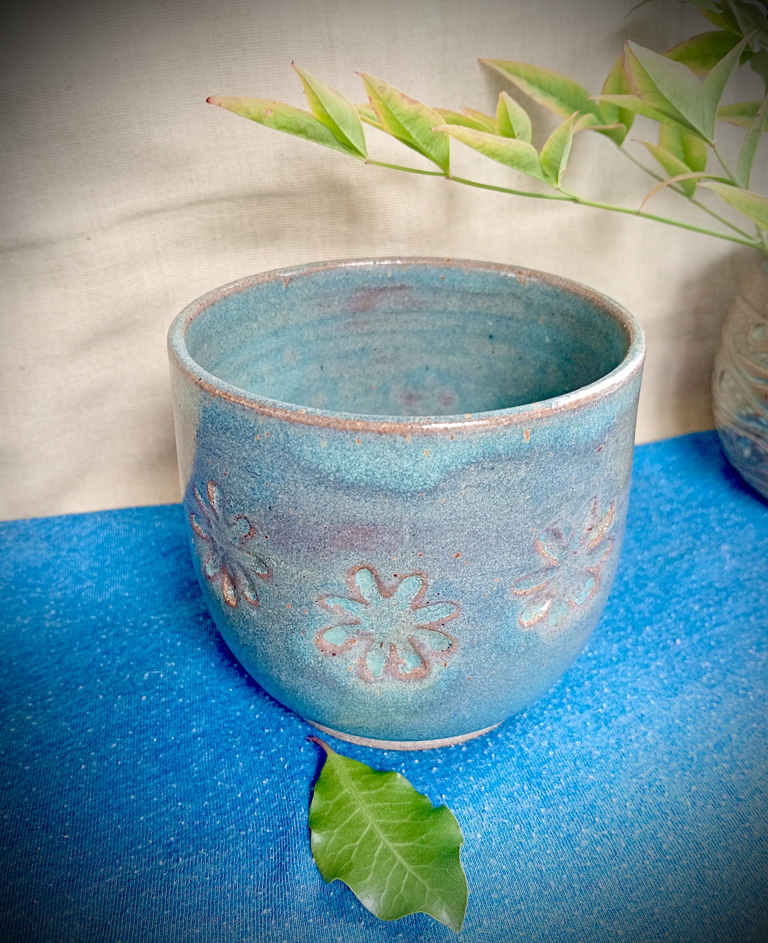 Blue Ceramic Tumbler with Flower Motif
