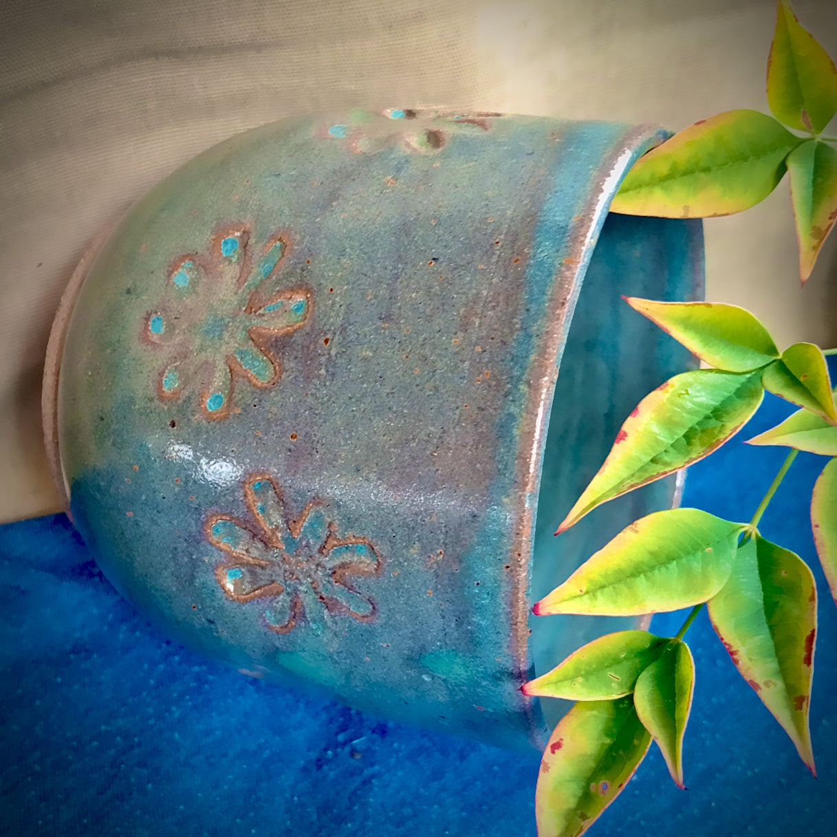 Blue Ceramic Tumbler with Flower Motif
