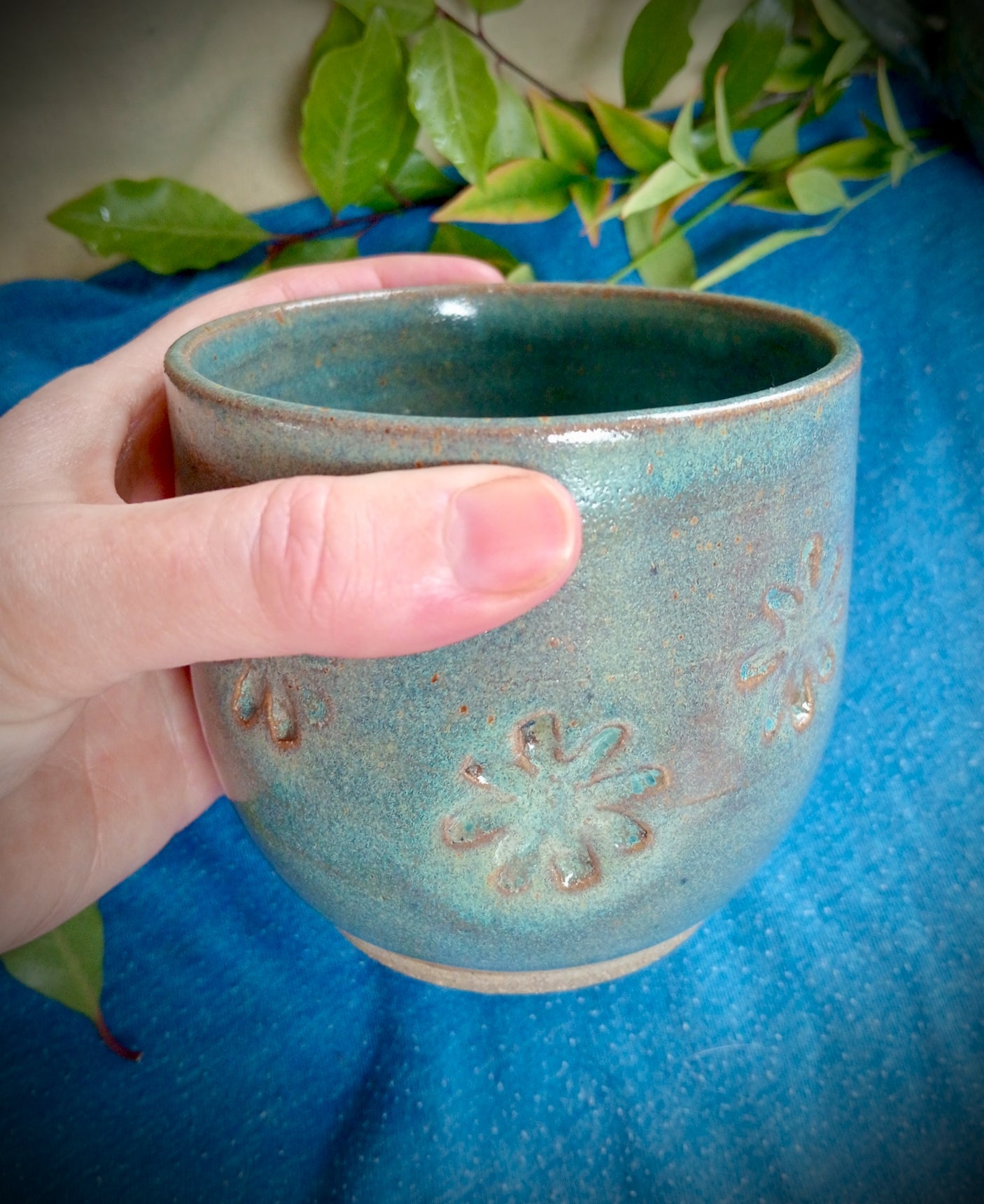 Blue Ceramic Tumbler with Flower Motif