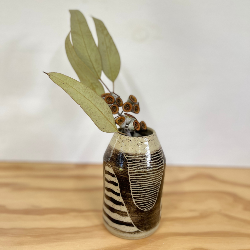 Carved Wheel-thrown Hand-painted Ceramic Bud Vase 13cm "Expression"