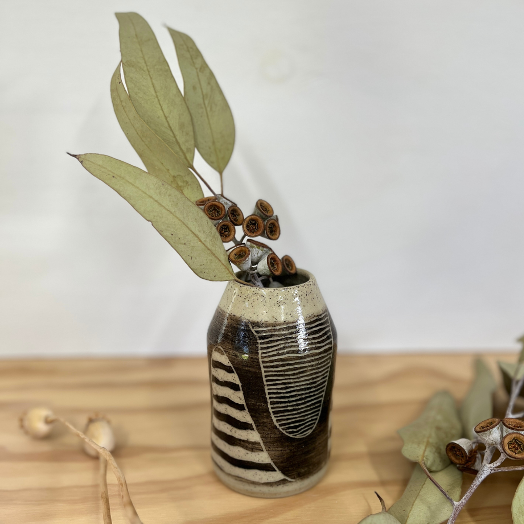 Carved Wheel-thrown Hand-painted Ceramic Bud Vase 13cm "Expression"