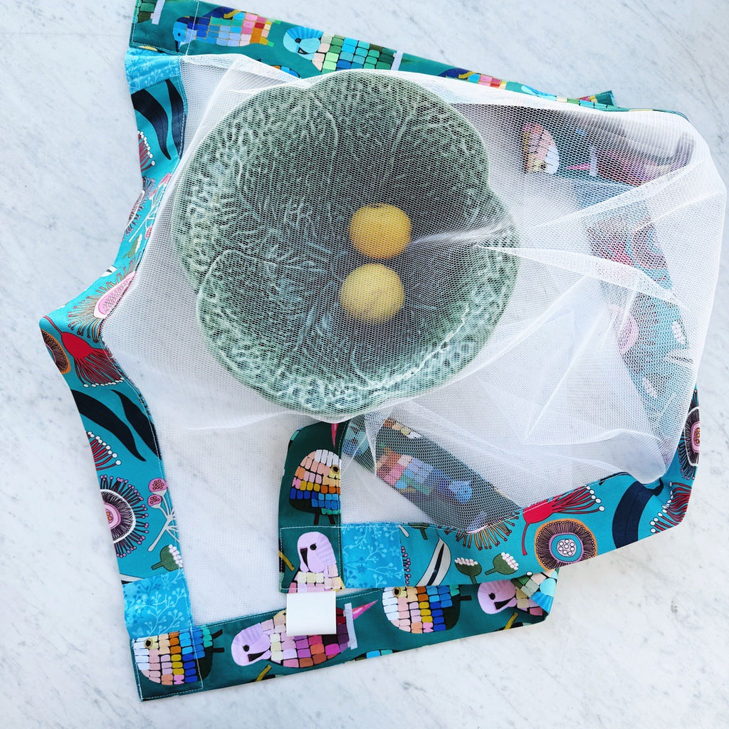 Budgies and flowers weighted mesh food cover.