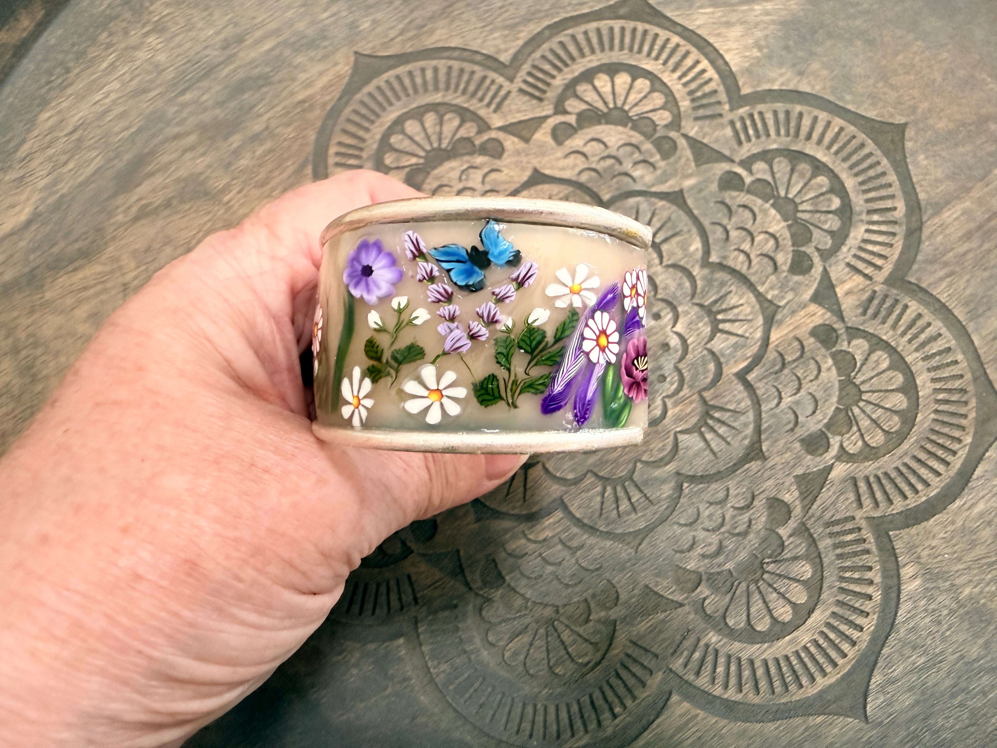 Lilac Roses, Buds & Leaves Polymer Clay On Antique Metal Bracelet