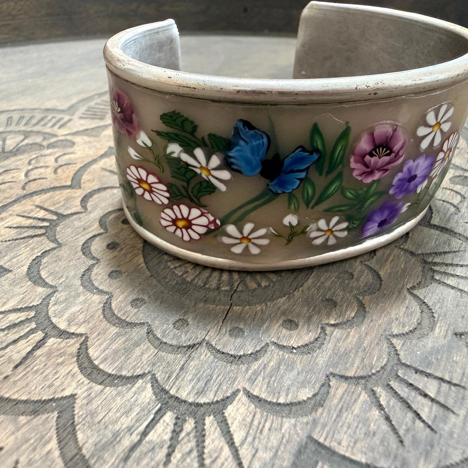 Lilac Roses, Buds & Leaves Polymer Clay On Antique Metal Bracelet
