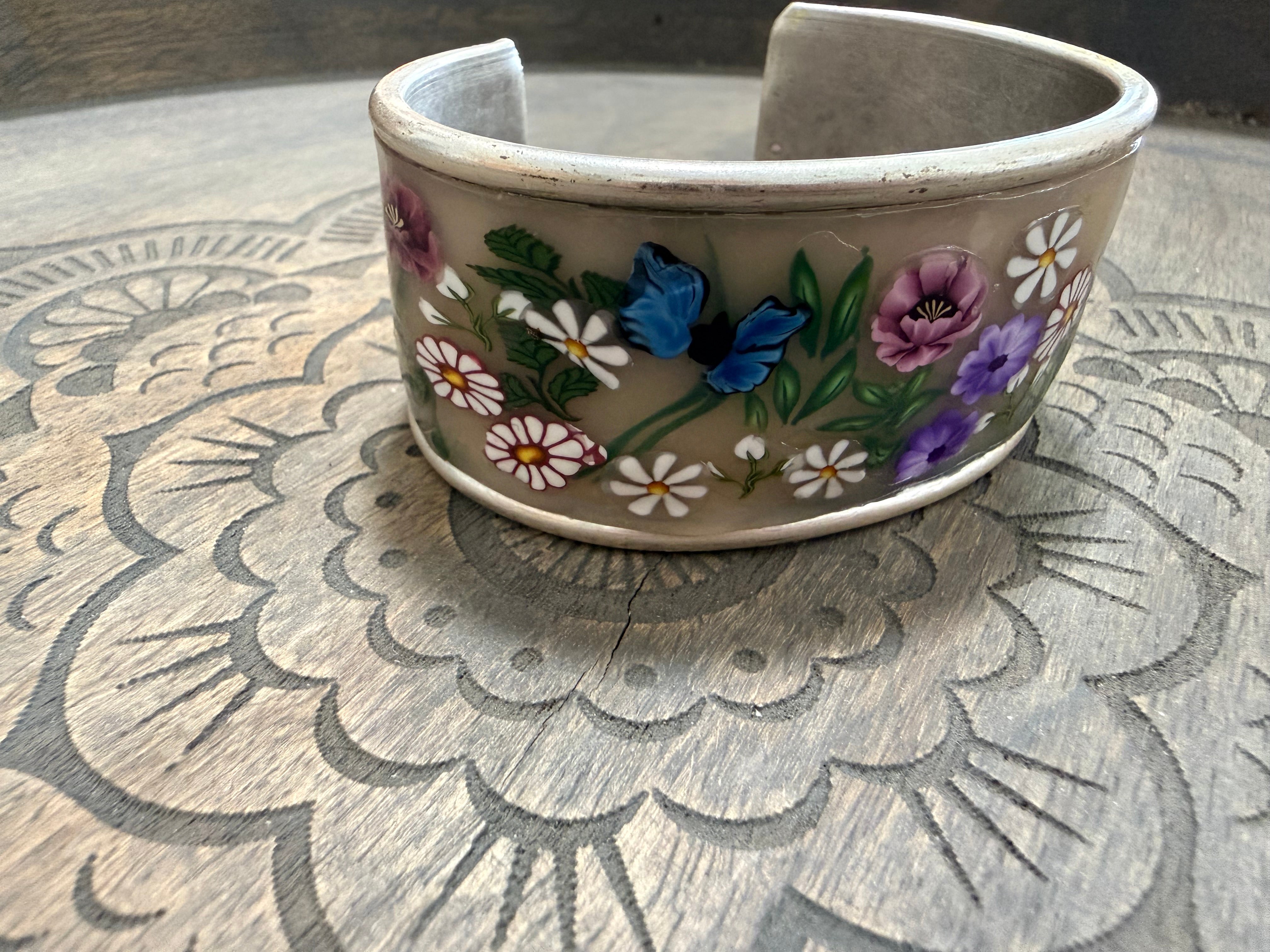 Lilac Roses, Buds & Leaves Polymer Clay On Antique Metal Bracelet