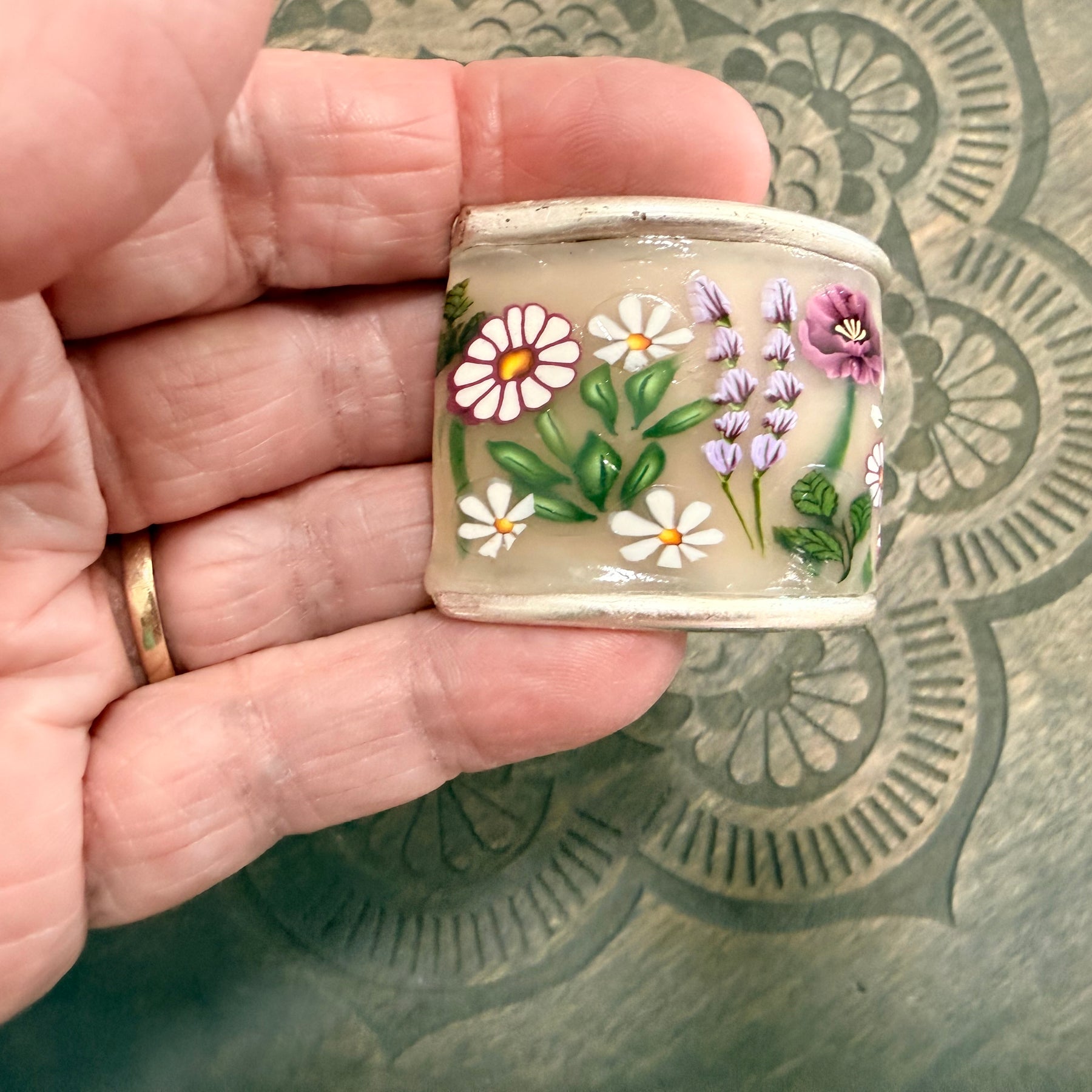 Lilac Roses, Buds & Leaves Polymer Clay On Antique Metal Bracelet
