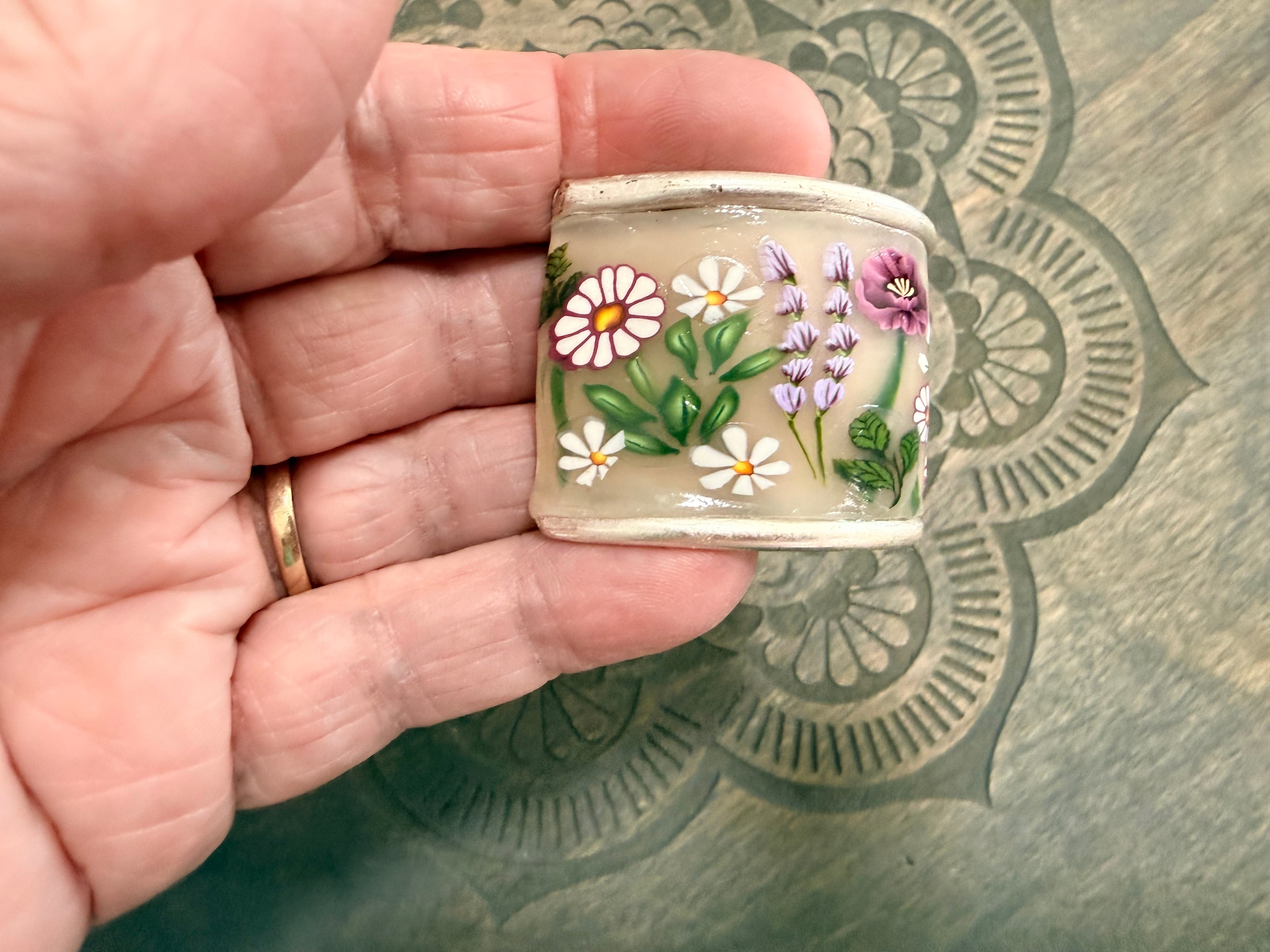 Lilac Roses, Buds & Leaves Polymer Clay On Antique Metal Bracelet