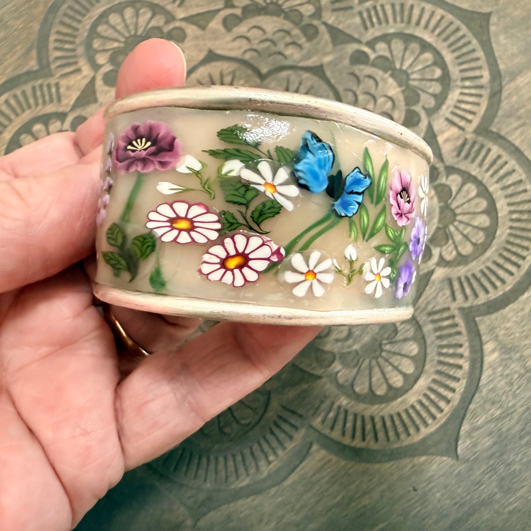 Lilac Roses, Buds & Leaves Polymer Clay On Antique Metal Bracelet