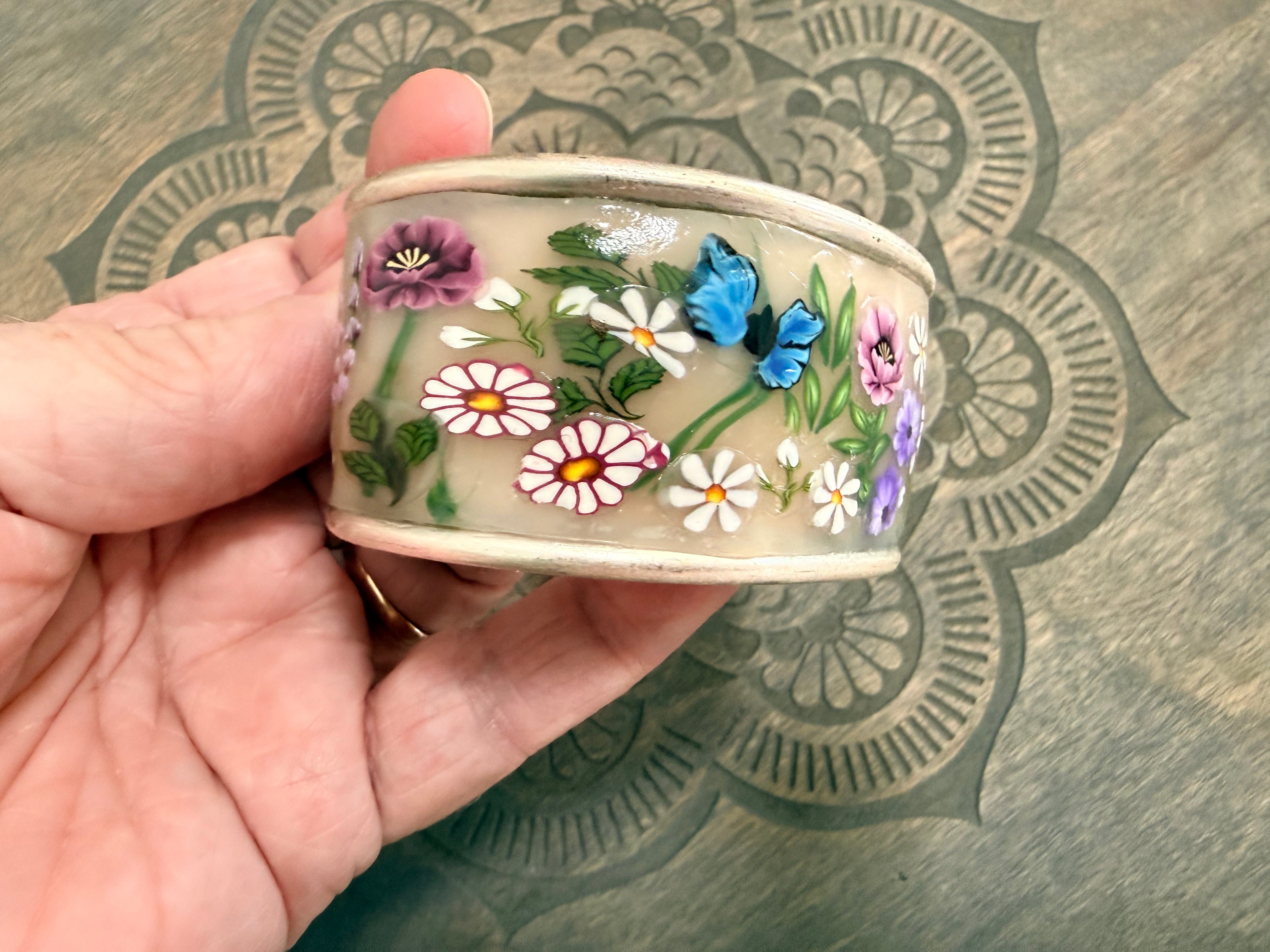 Lilac Roses, Buds & Leaves Polymer Clay On Antique Metal Bracelet