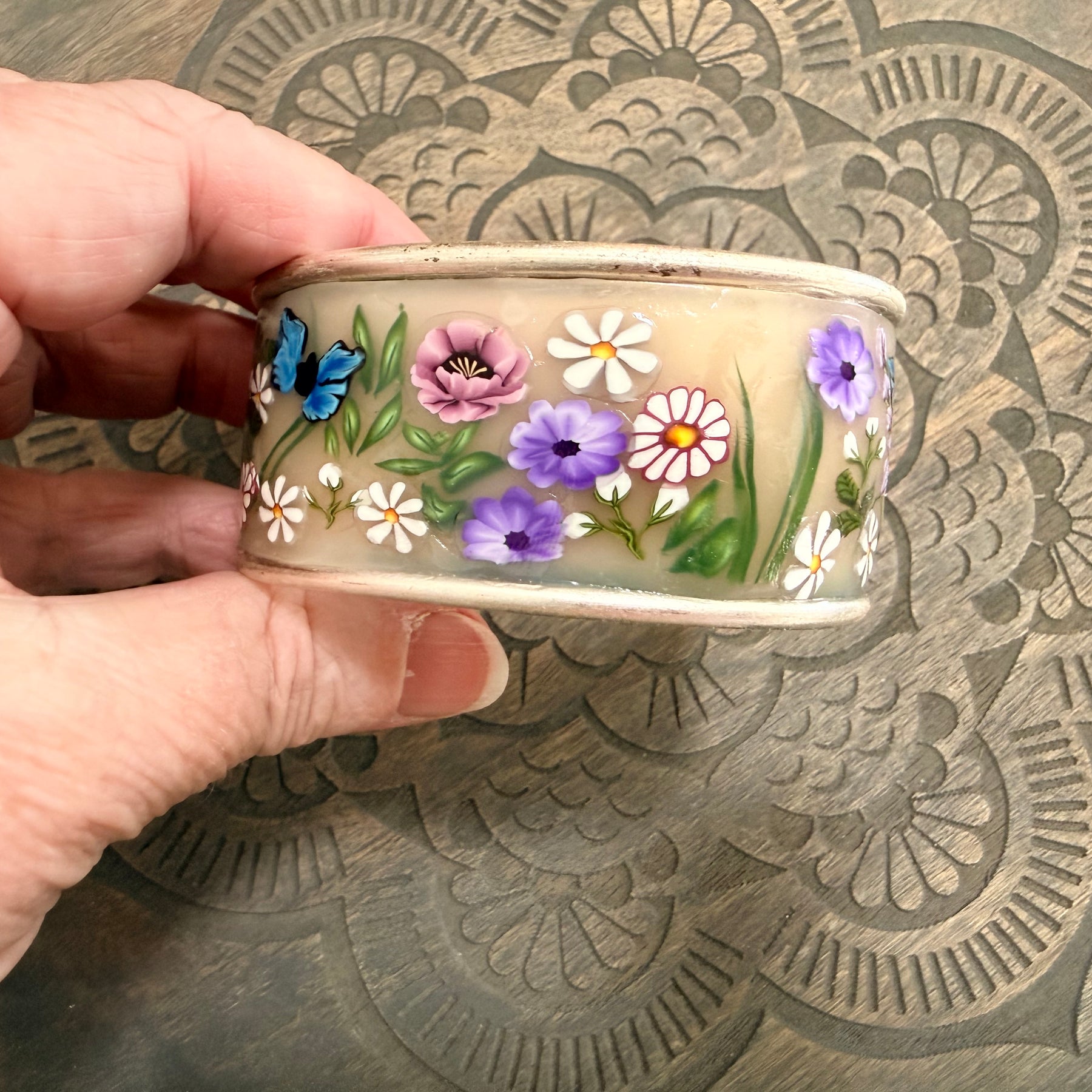 Lilac Roses, Buds & Leaves Polymer Clay On Antique Metal Bracelet