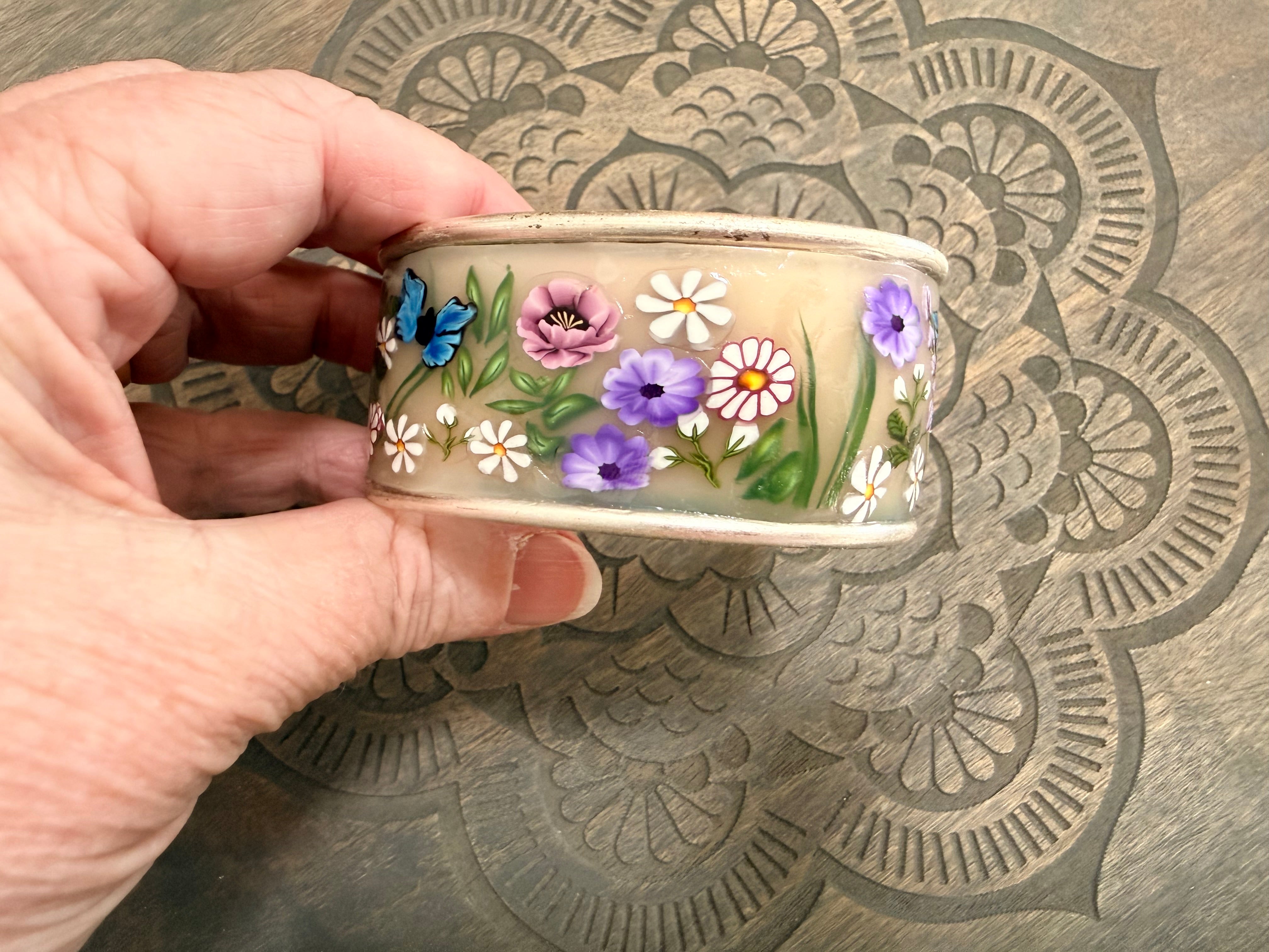 Lilac Roses, Buds & Leaves Polymer Clay On Antique Metal Bracelet