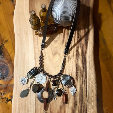 Eclectic Drop Necklace, Dark Leather