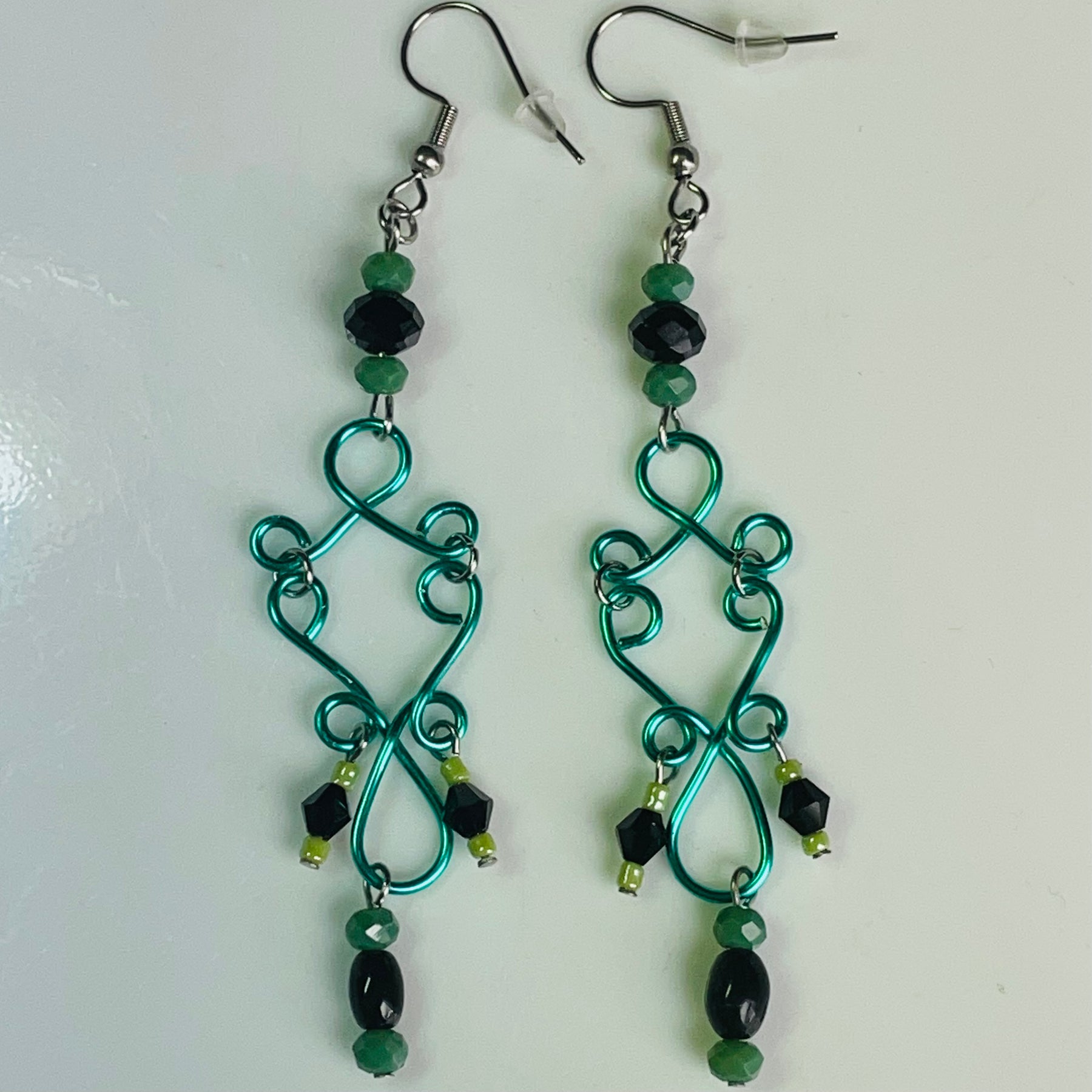 B’s Green and Black Dangling Wired Earrings with Agate and Crystals