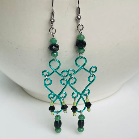B’s Green and Black Dangling Wired Earrings with Agate and Crystals