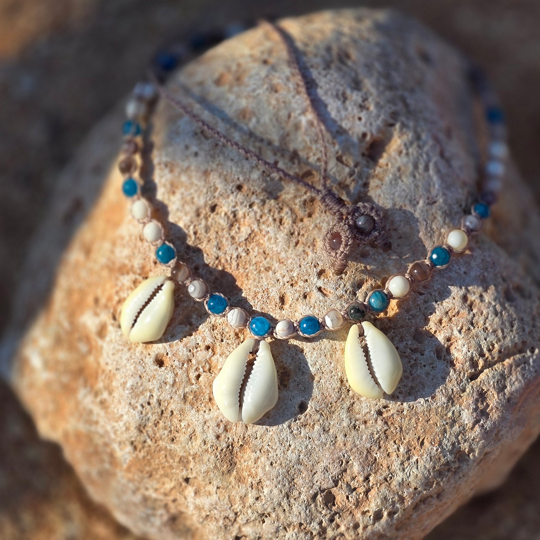 Cowrie Shell Macrame Necklace with Blue Apatite