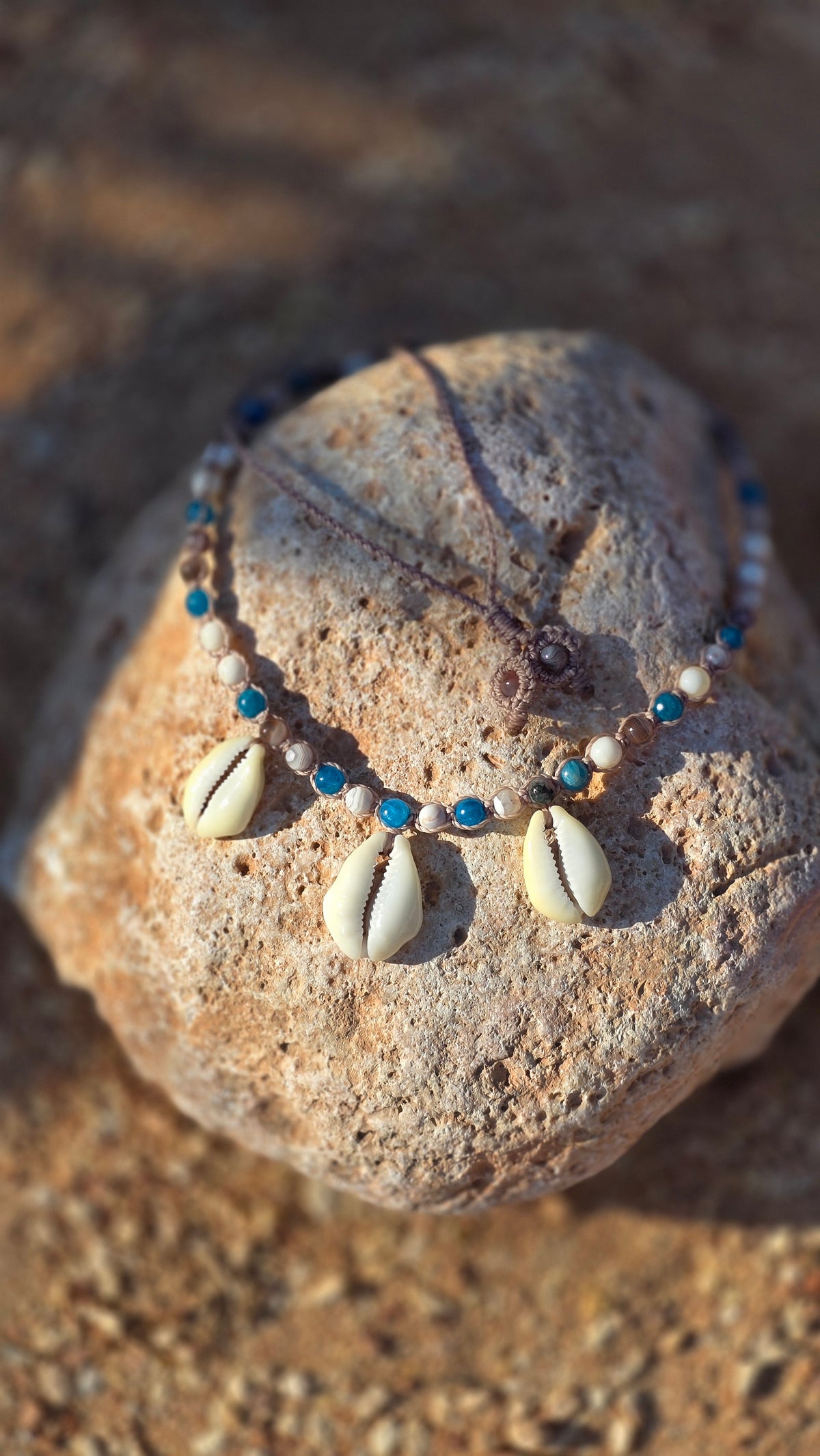 Cowrie Shell Macrame Necklace with Blue Apatite