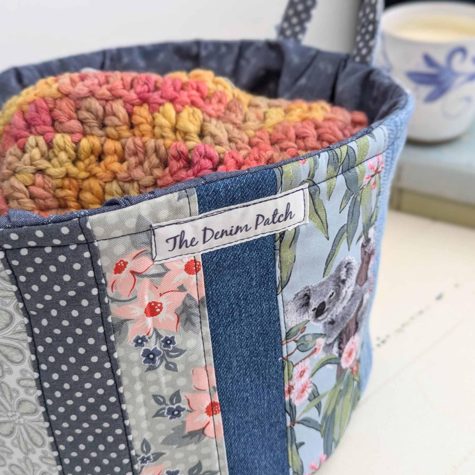 Upcycled Denim Bag Drawstring, Project Basket, Koalas