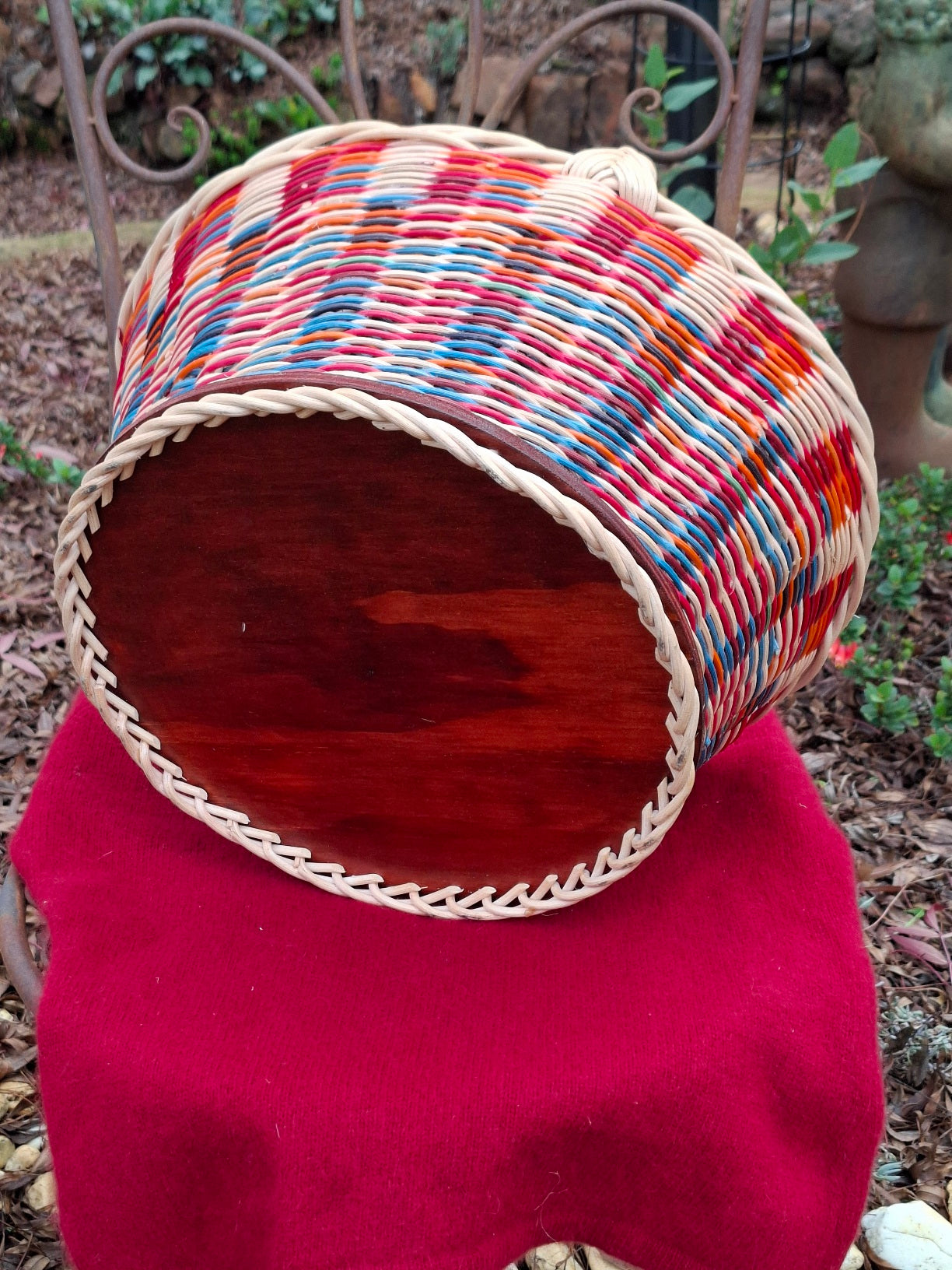 Large Round Market Basket brown, blue, orange, red and natural.