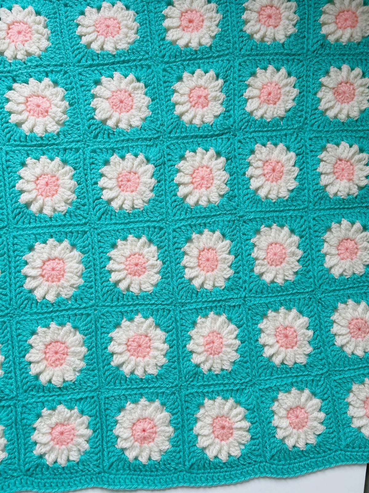 Handmade Crochet Daisy Baby Blanket – Turquoise, Pink & White Floral Granny Square Blanket