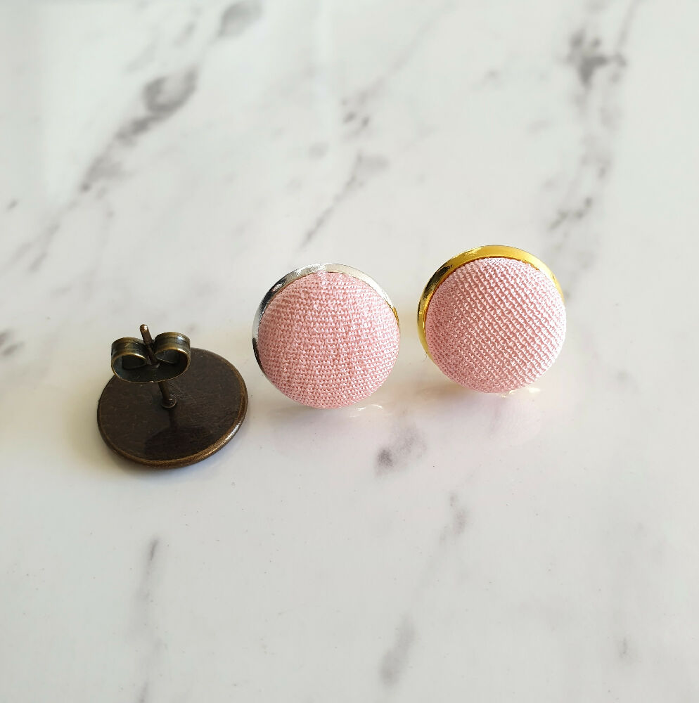 1.4cm Round Pale Pink Kimono Fabric Cabochon stud earrings