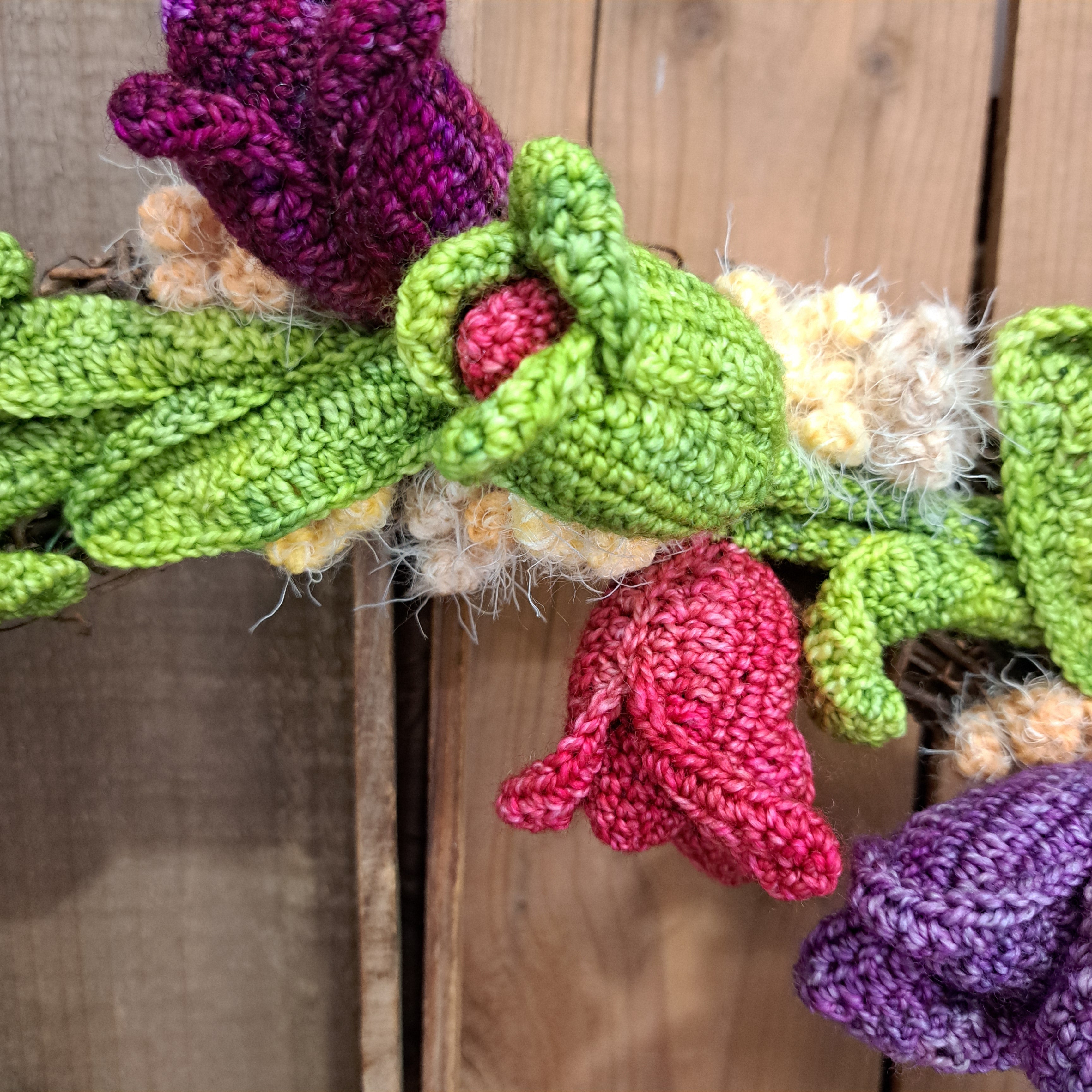 Handmade crochet tulip wreath pinks purples