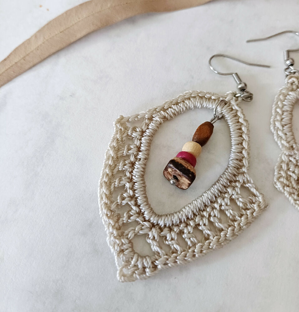 Cream Earrings with Wood Beads