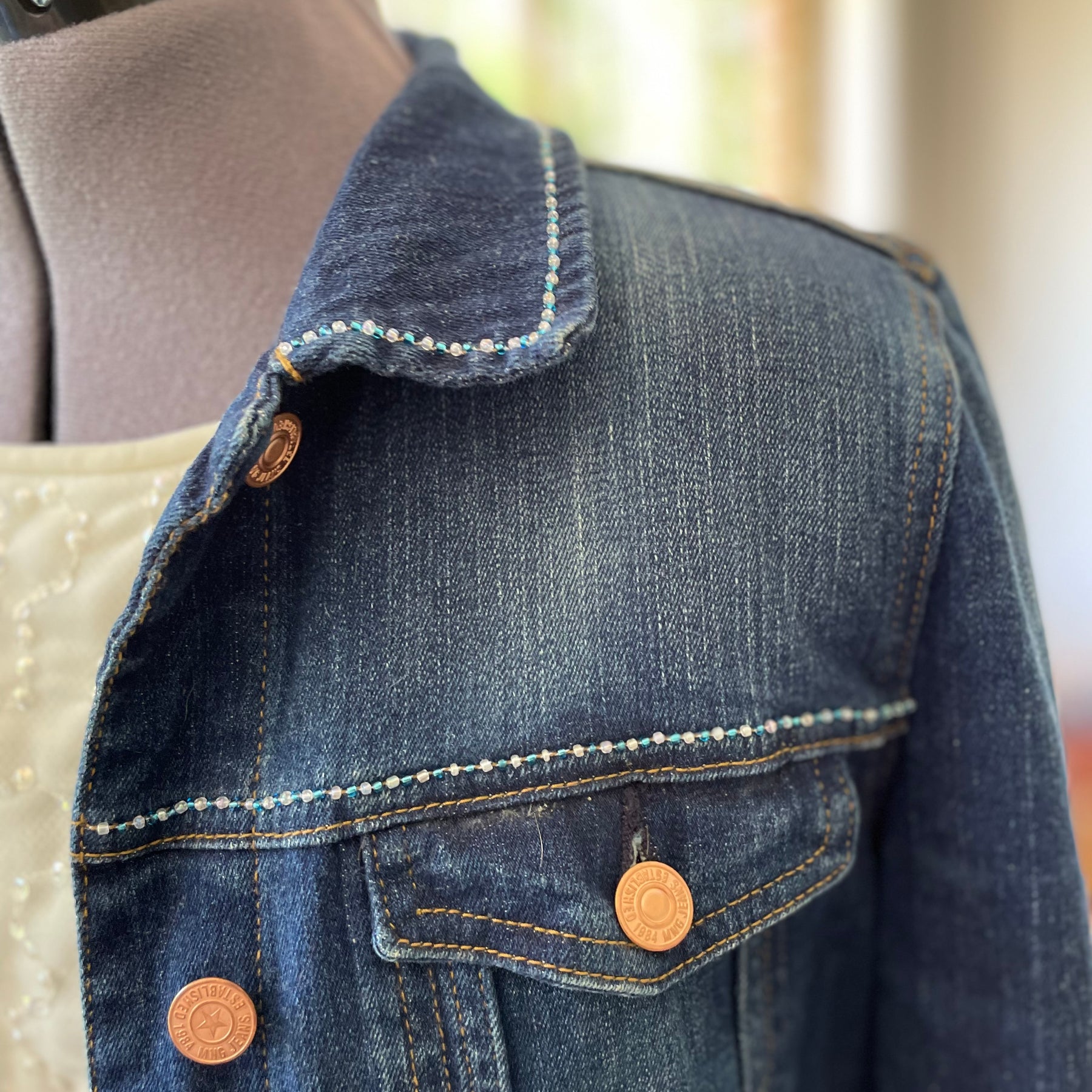 Upcycled Denim Jacket, Hand Beaded Teapot Embroidery