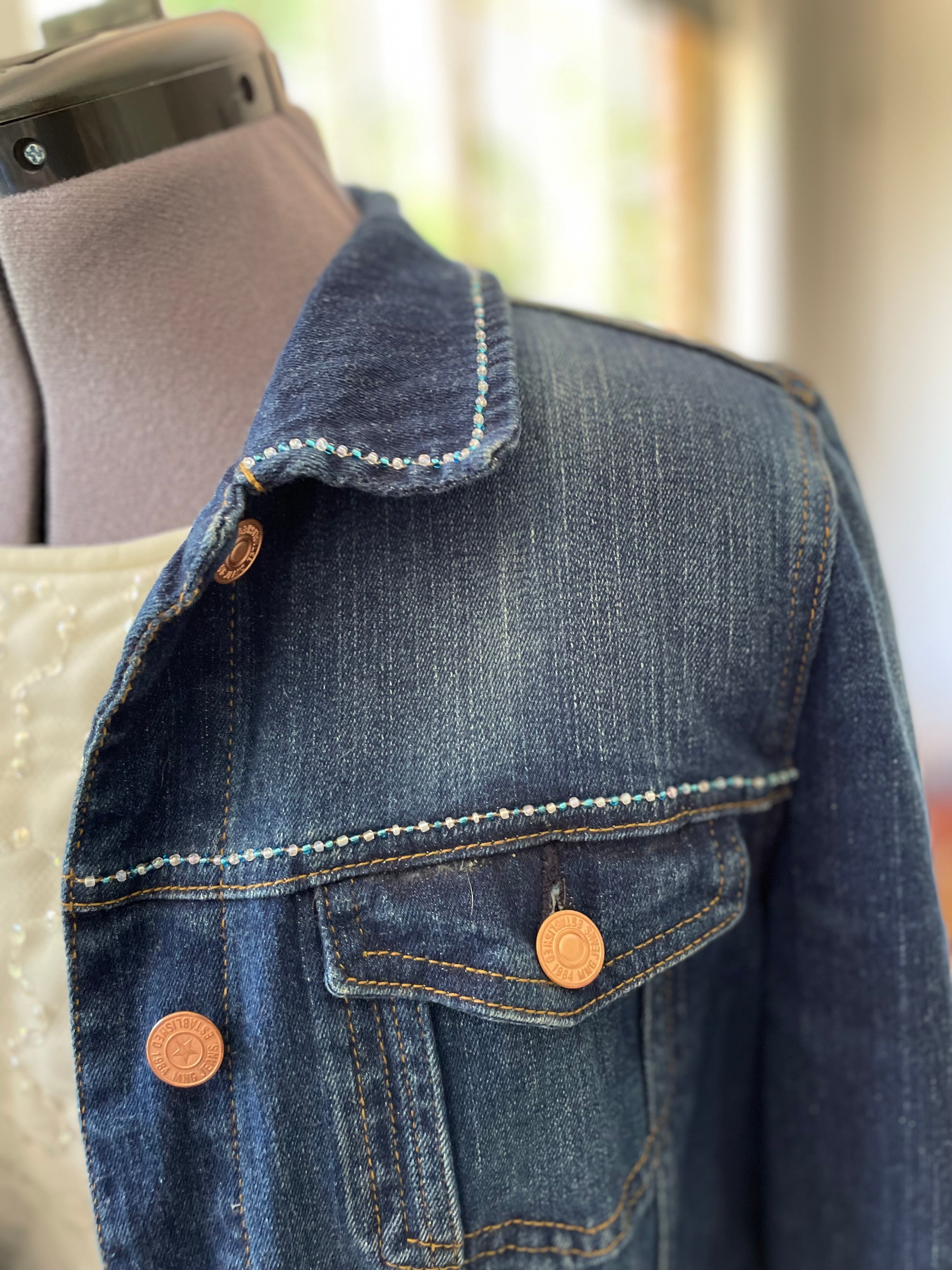 Upcycled Denim Jacket, Hand Beaded Teapot Embroidery