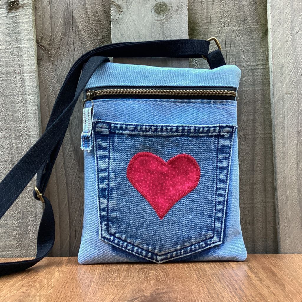 Cross Body Denim Bag - Pocket Red Heart