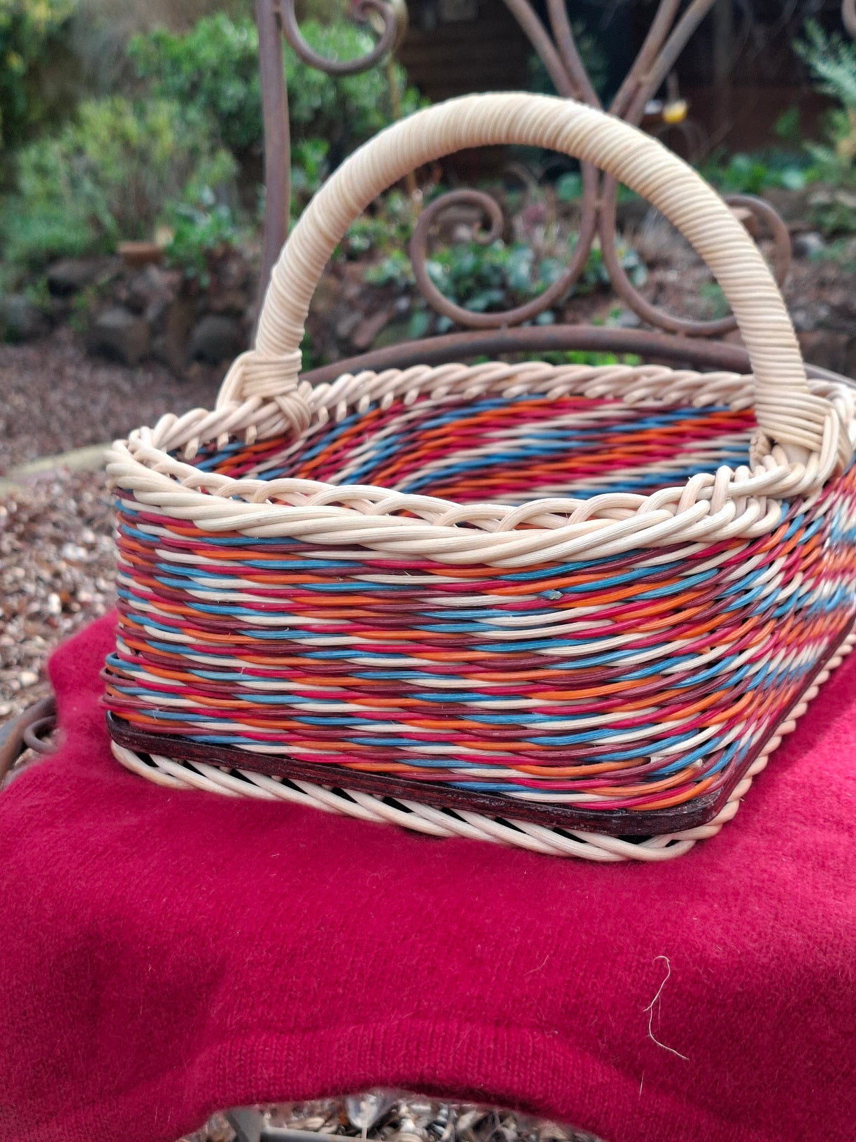 Large Rectangular basket brown, orange, blue and natural wicker.