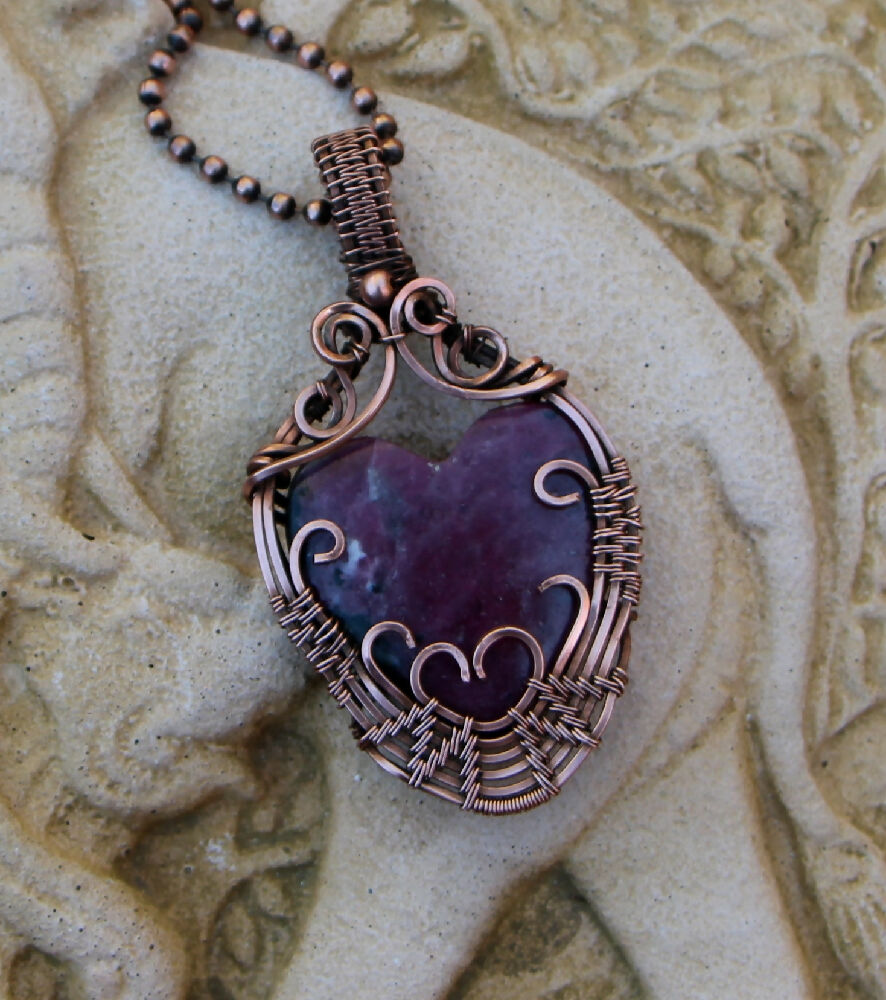 Natural Ruby Heart in woven Copper with chain