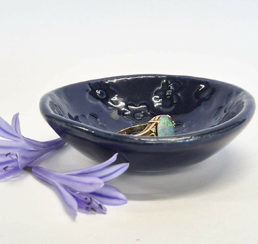 blue pottery ring dish - rustic style - Julie Ann Smith Art - Australia