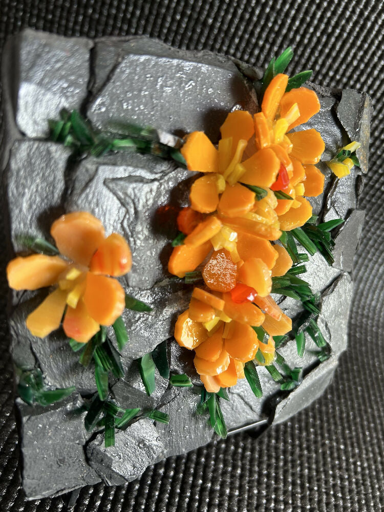 Stained Glass Orange Flowers and Slate Block Mosaic