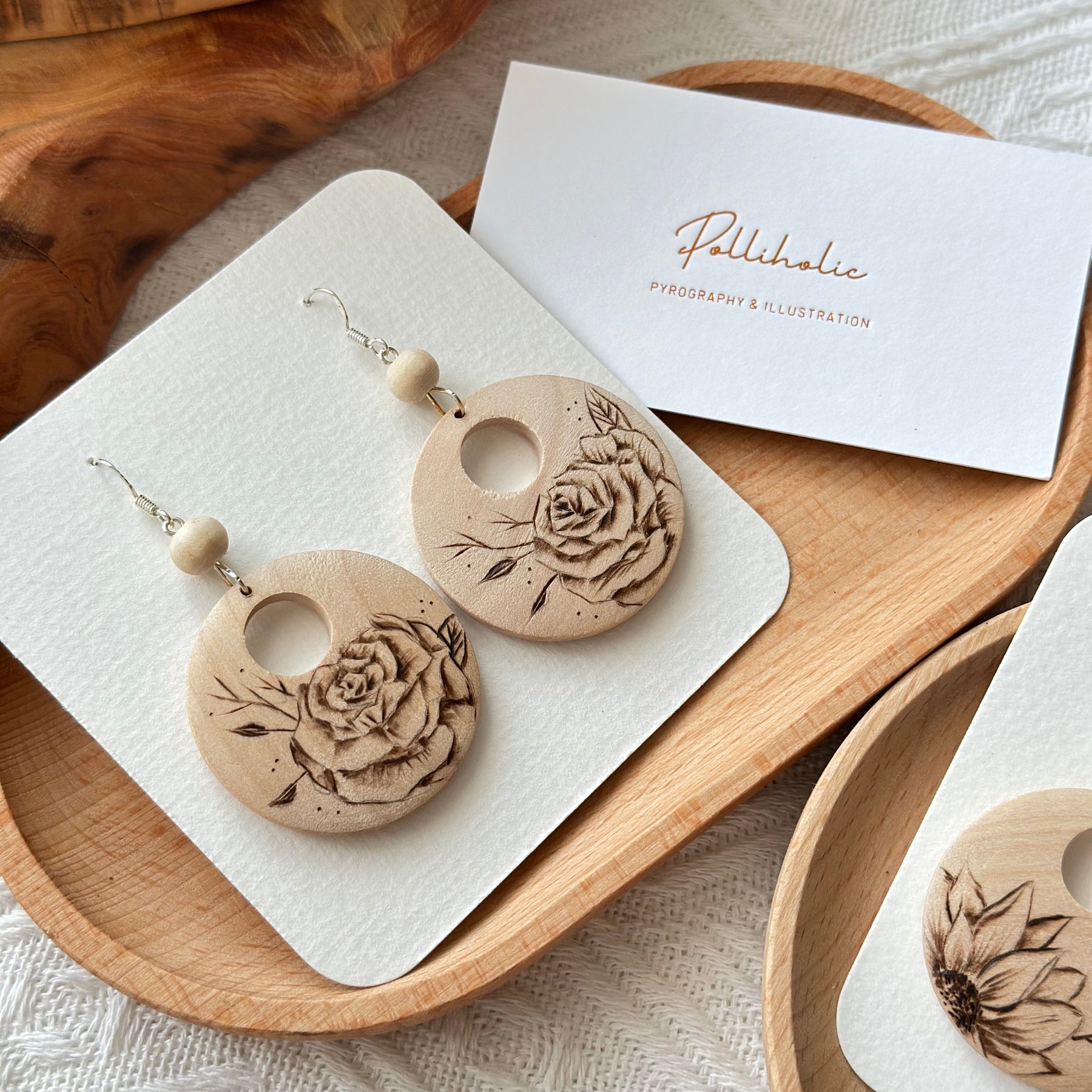 Flower Wood Earrings - Hand burnt Pyrography | Handmade Stunning Wooden Earrings HandBurnt