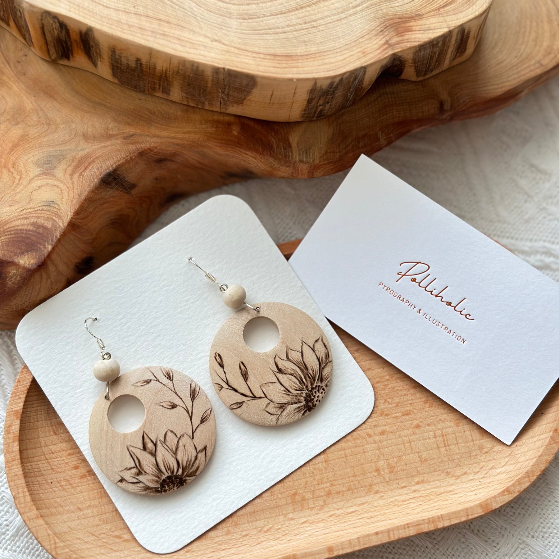 Flower Wood Earrings - Hand burnt Pyrography | Handmade Stunning Wooden Earrings HandBurnt