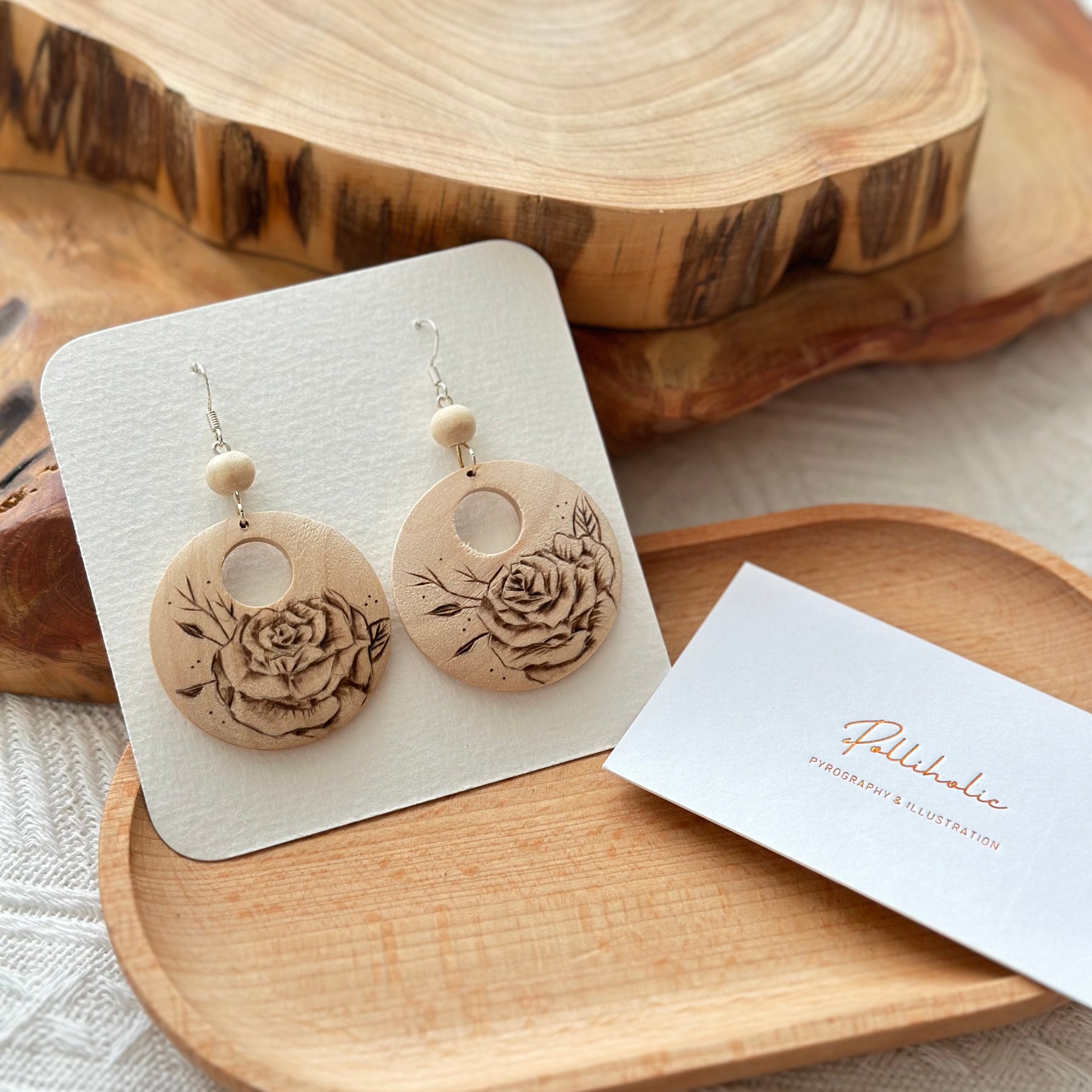 Flower Wood Earrings - Hand burnt Pyrography | Handmade Stunning Wooden Earrings HandBurnt