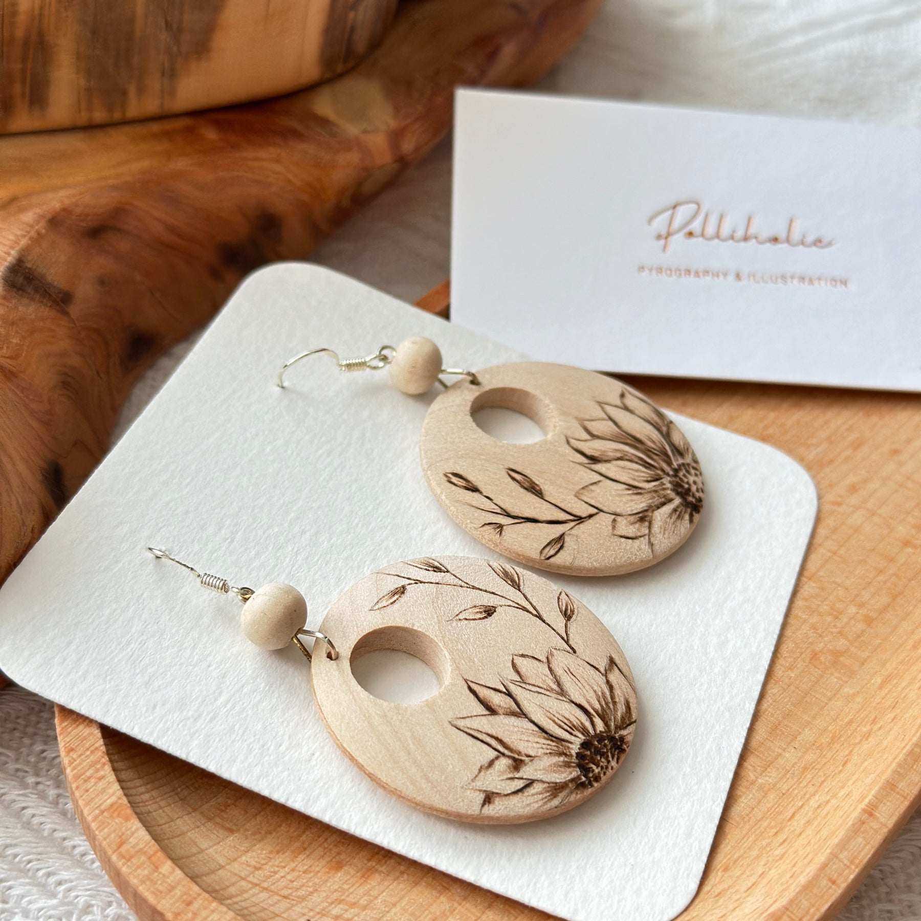 Flower Wood Earrings - Hand burnt Pyrography | Handmade Stunning Wooden Earrings HandBurnt