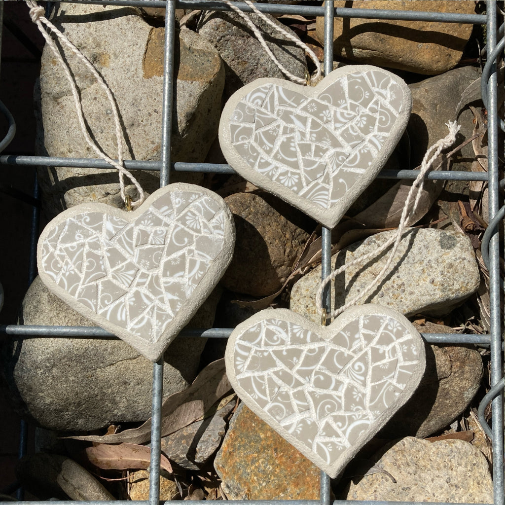 Upcycled Mosaic Hearts - Hanging Ornament - Set of 3 - Beige/White