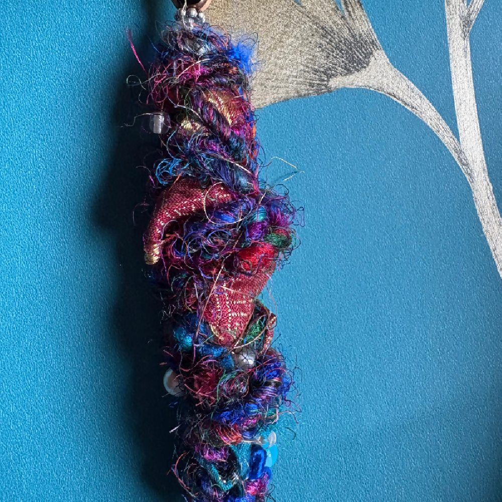 Boho beads with sari silk, handspun wool and charms by Leumesin Handmade
