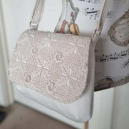 Upcycled mini messenger bag - cream & vintage lace