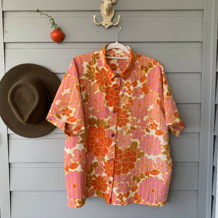 Retro Floral shirt/Retro orange and pink floral /upcycled tablecloth/unisex shirt/Size XL