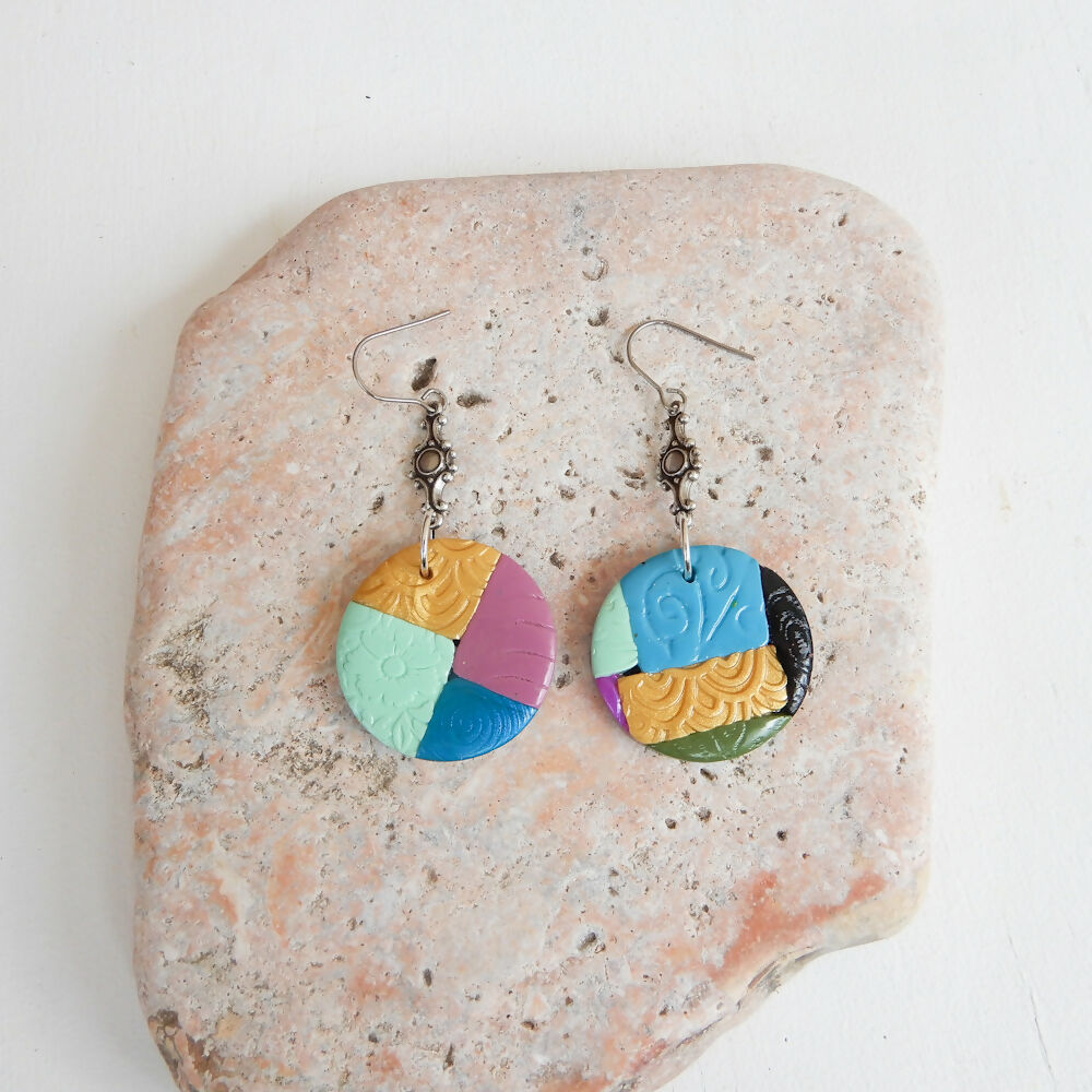 Patchwork Polymer Clay Earrings "Columbine" Round