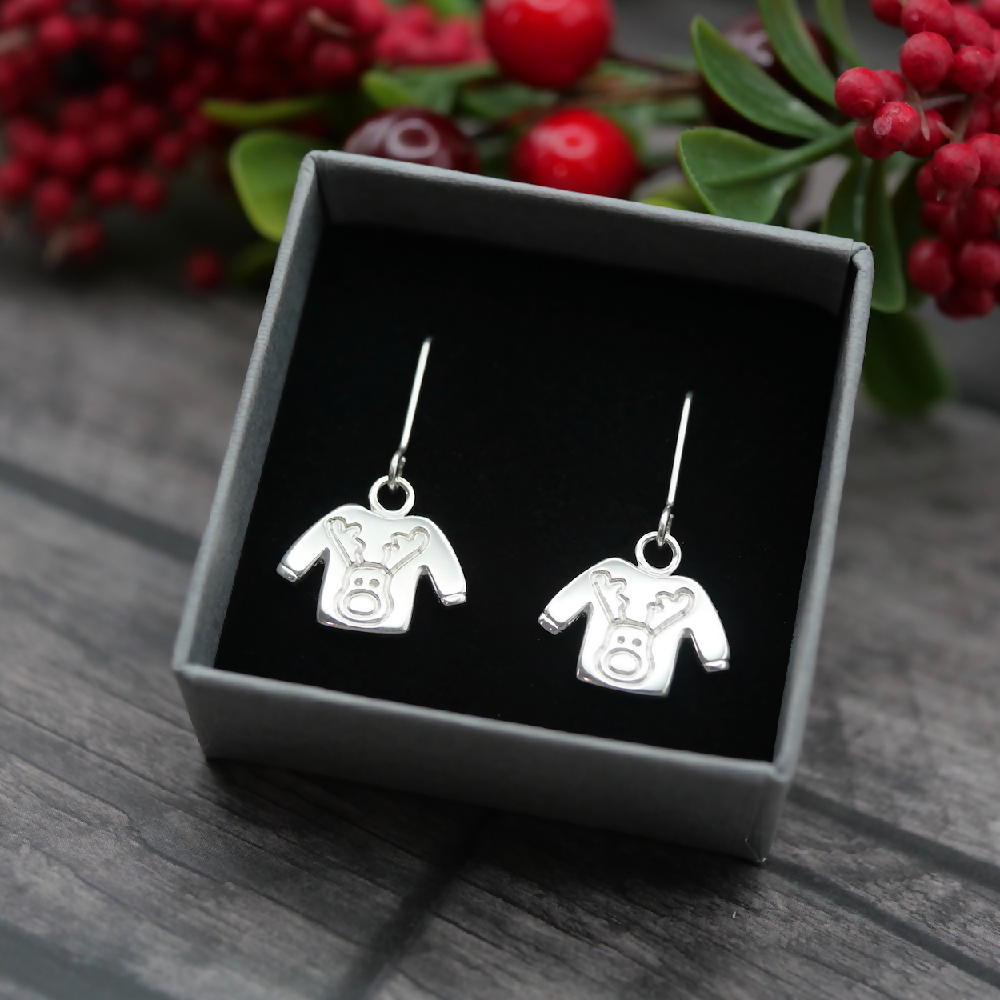 christmas sweater earrings sterling silver box holly sml