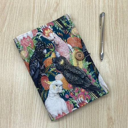 Australian Cockatoos refillable A5 fabric notebook cover gift set - Incl. book and pen.