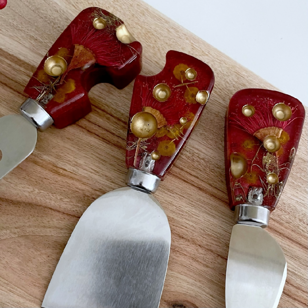 Set of 3 Red Botanical Cheese Knife featuring Australian Native Flowers