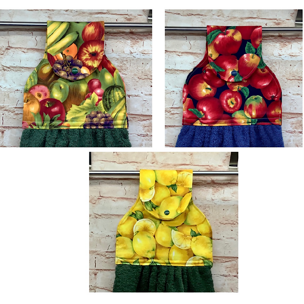 Mixed fruit, apples, lemons hanging hand towel with fabric and loop top. - 3 Designs